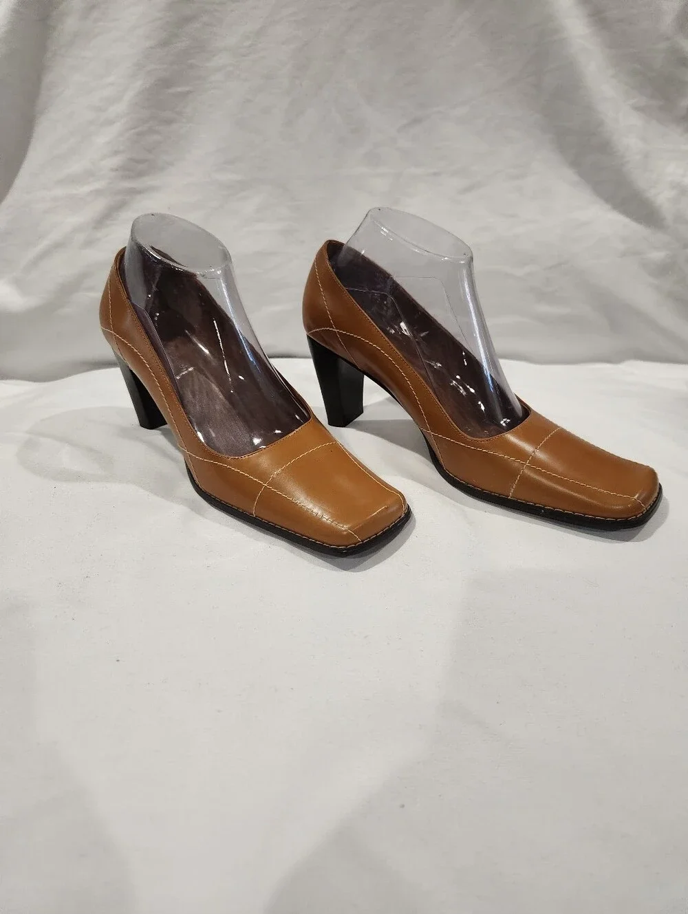 Amanda Smith Tuscany Vintage Y2K Cognac Block Heel Square Tie Pumps Size 8